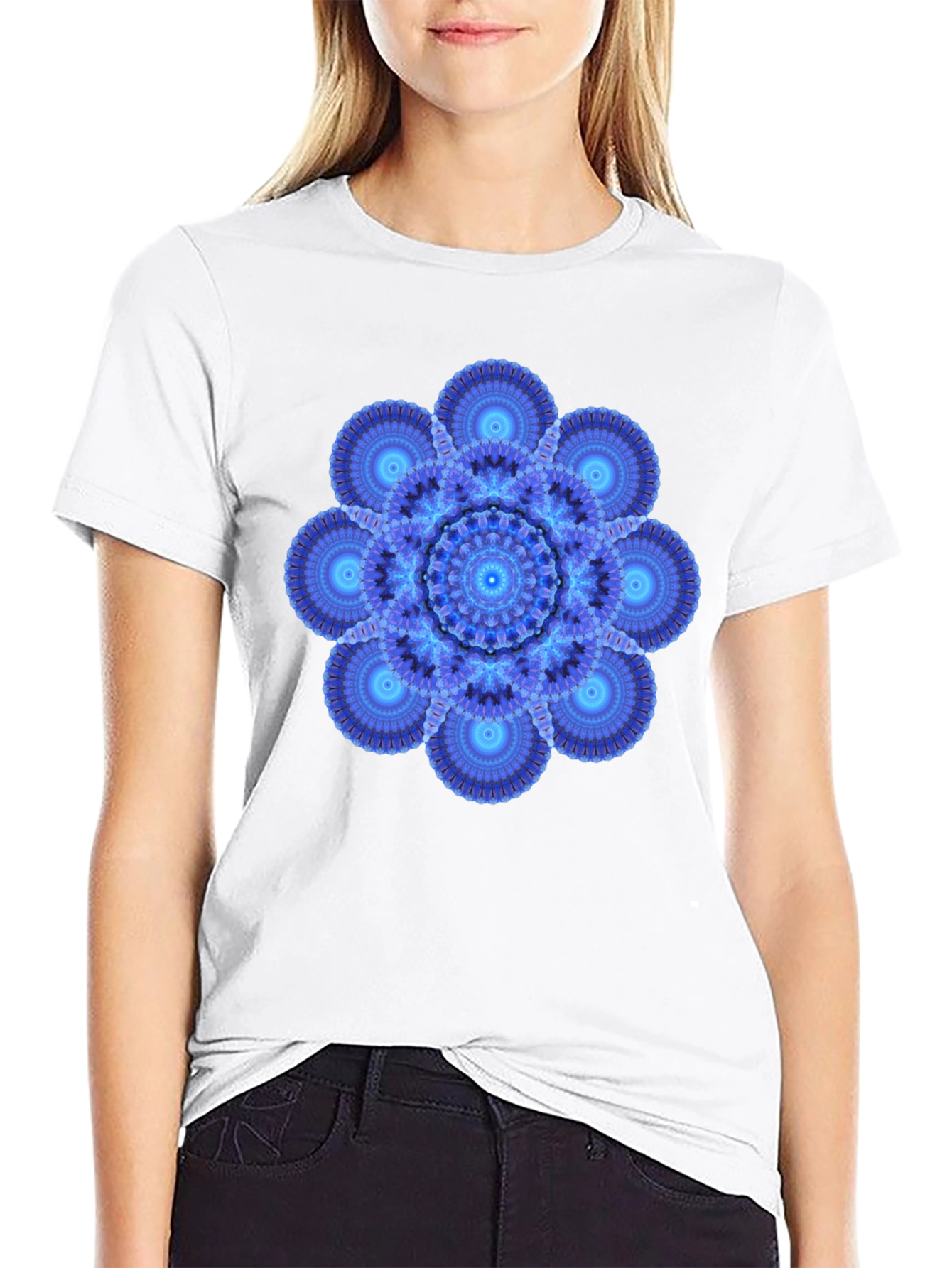 Blue Mandala Graphic Print Black T-Shirt