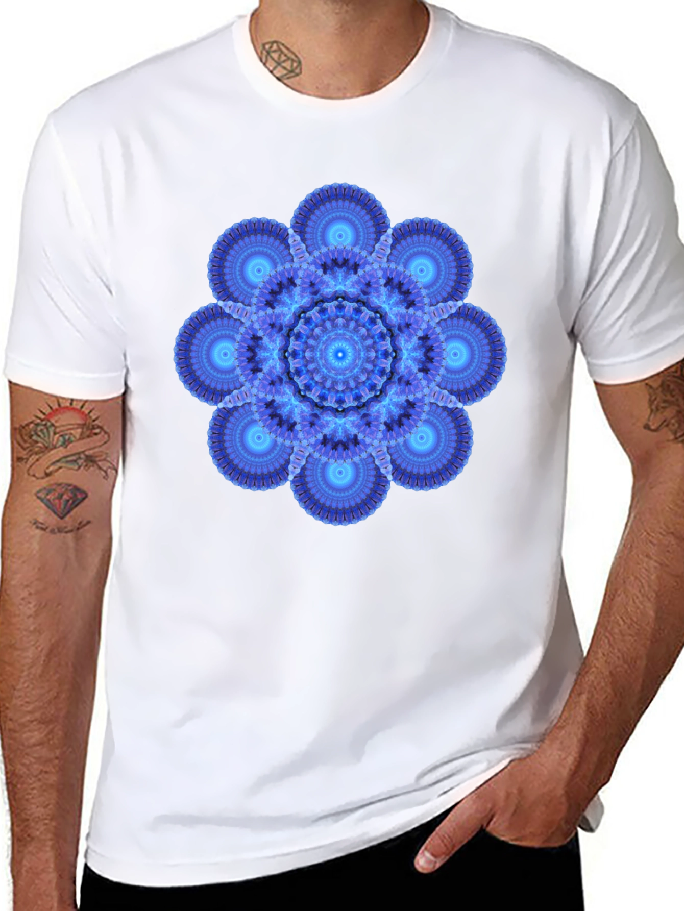 Blue Mandala Graphic Print Black T-Shirt