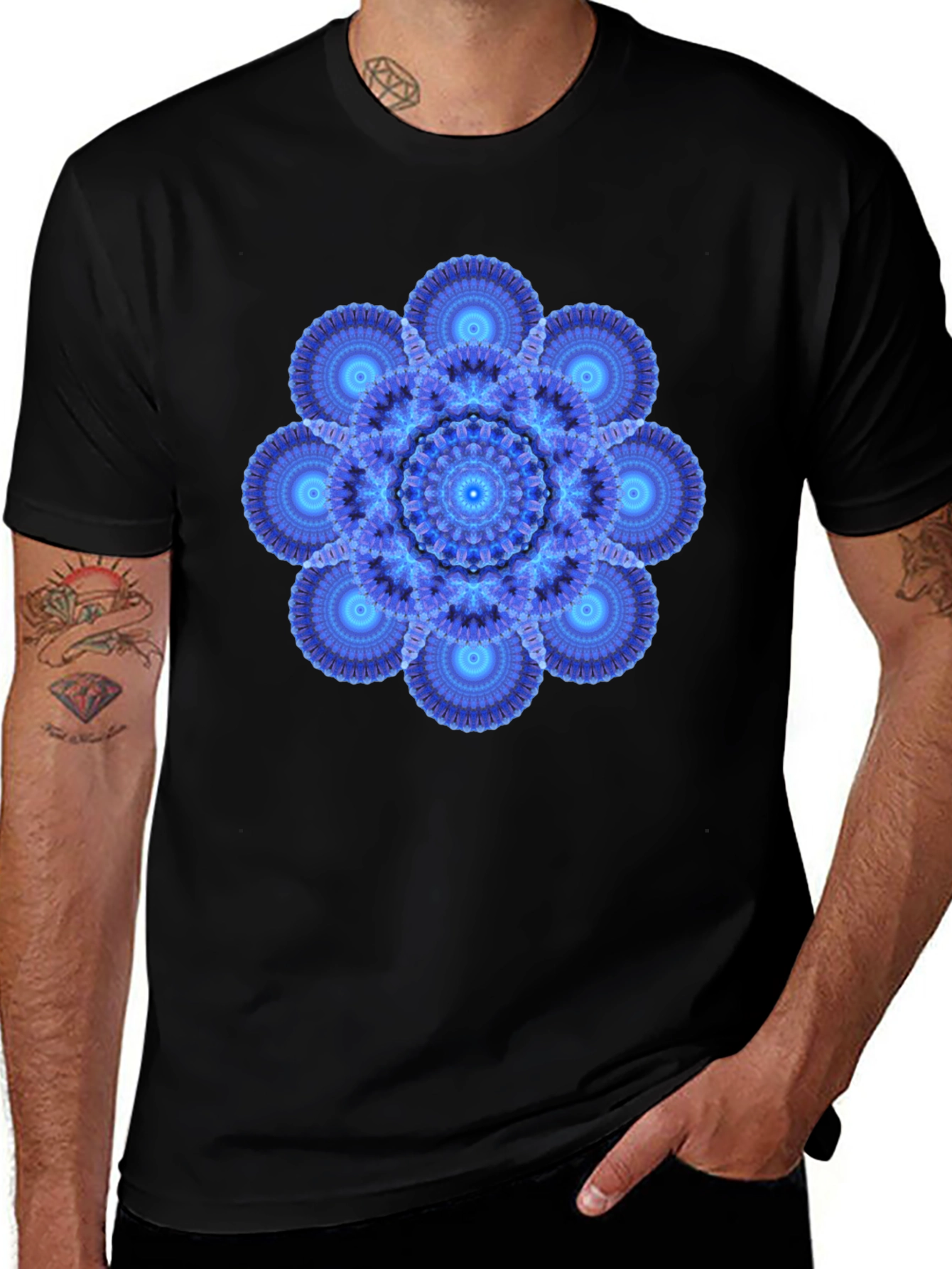 Blue Mandala Graphic Print Black T-Shirt