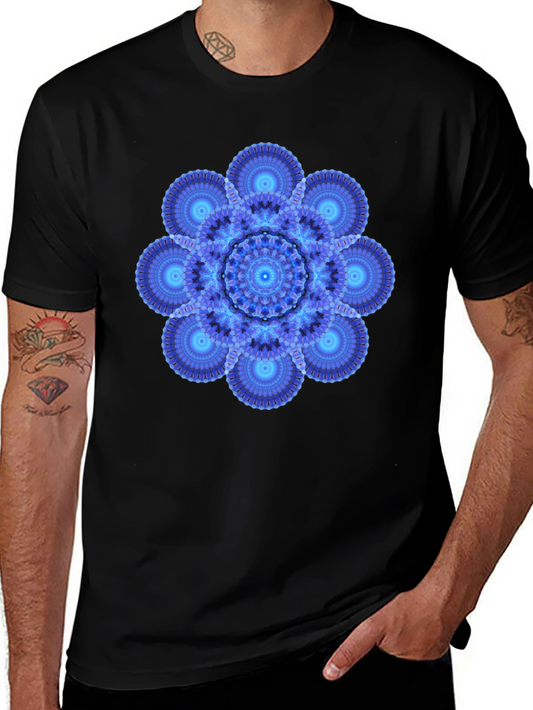 Blue Mandala Graphic Print Black T-Shirt