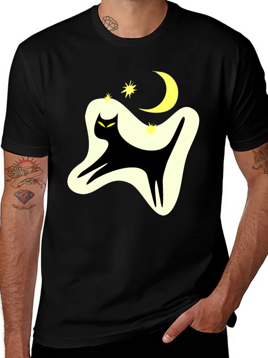 Retro Cat Moon Star Graphic Tee - Black Cotton Blend