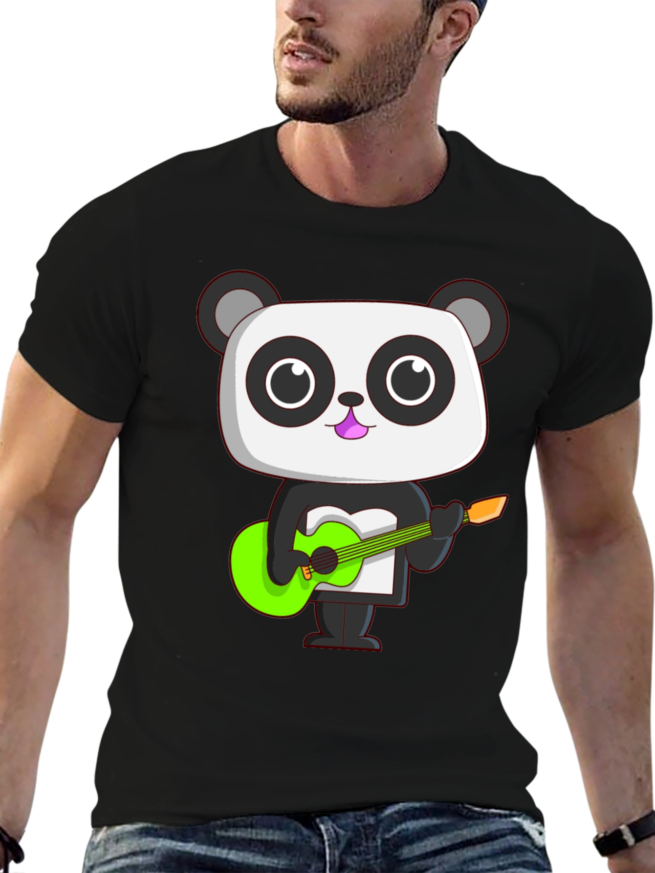 Panda Guitarist Graphic Tee - Black Cotton T-Shirt