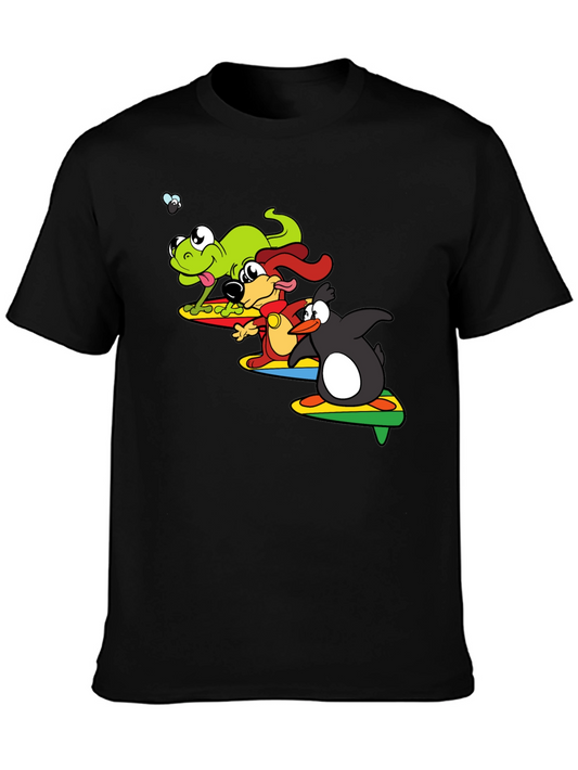 Frog Dog Penguin Surfing Cartoon T-Shirt
