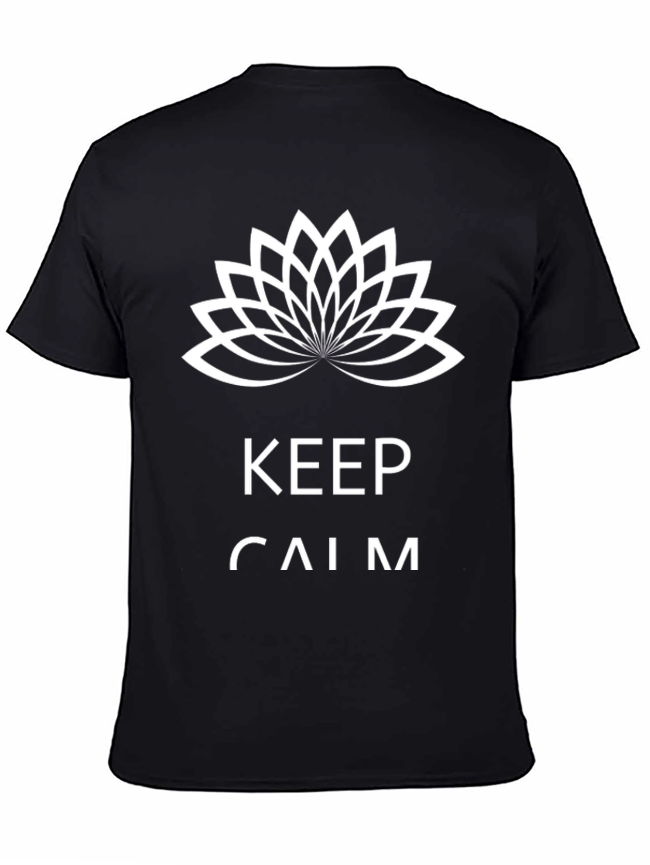 Keep Calm Black T-Shirt with Lotus Flower Design