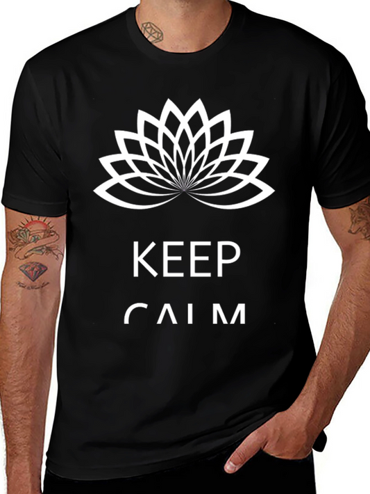 Keep Calm Black T-Shirt with Lotus Flower Design