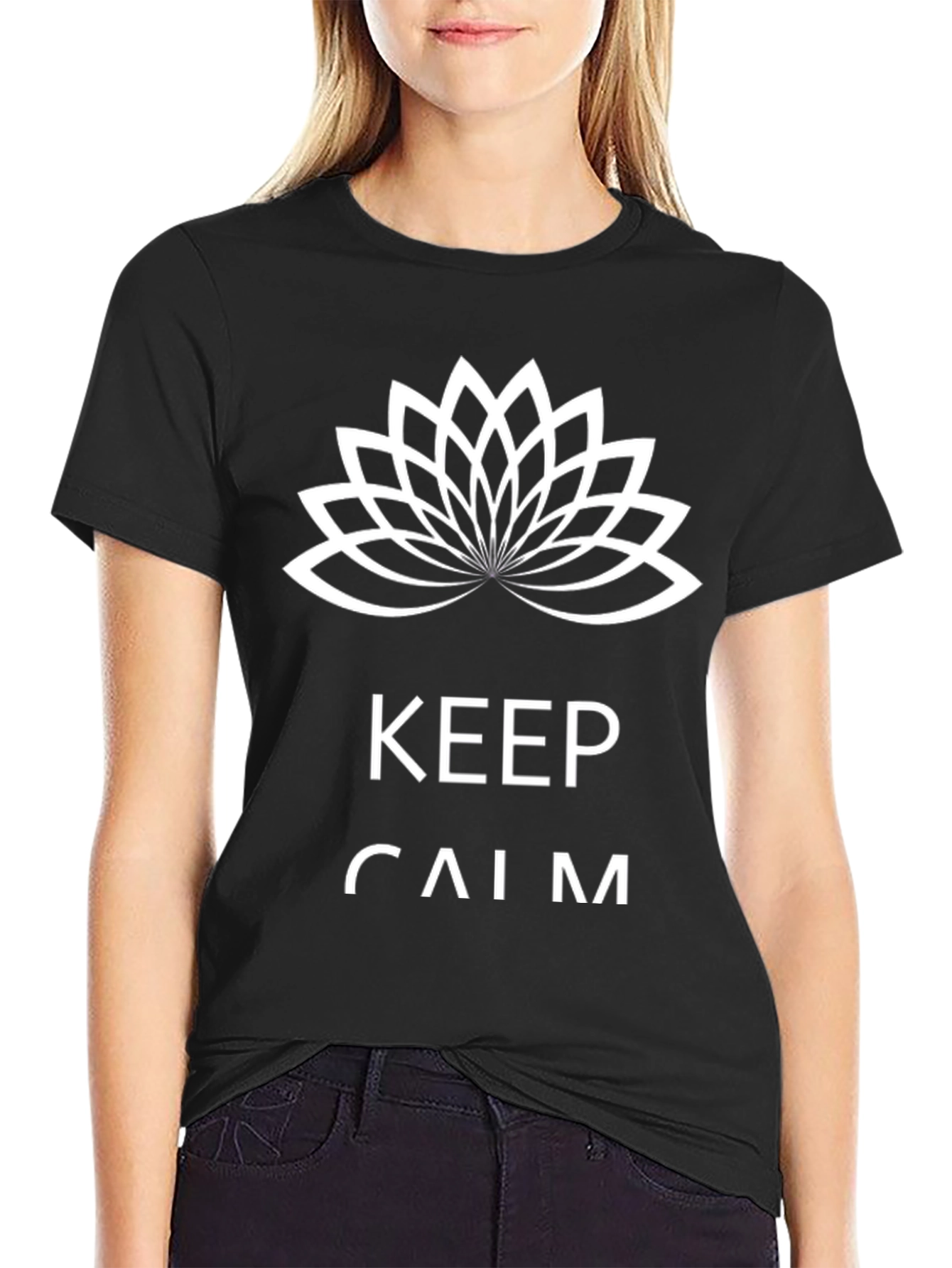 Keep Calm Black T-Shirt with Lotus Flower Design