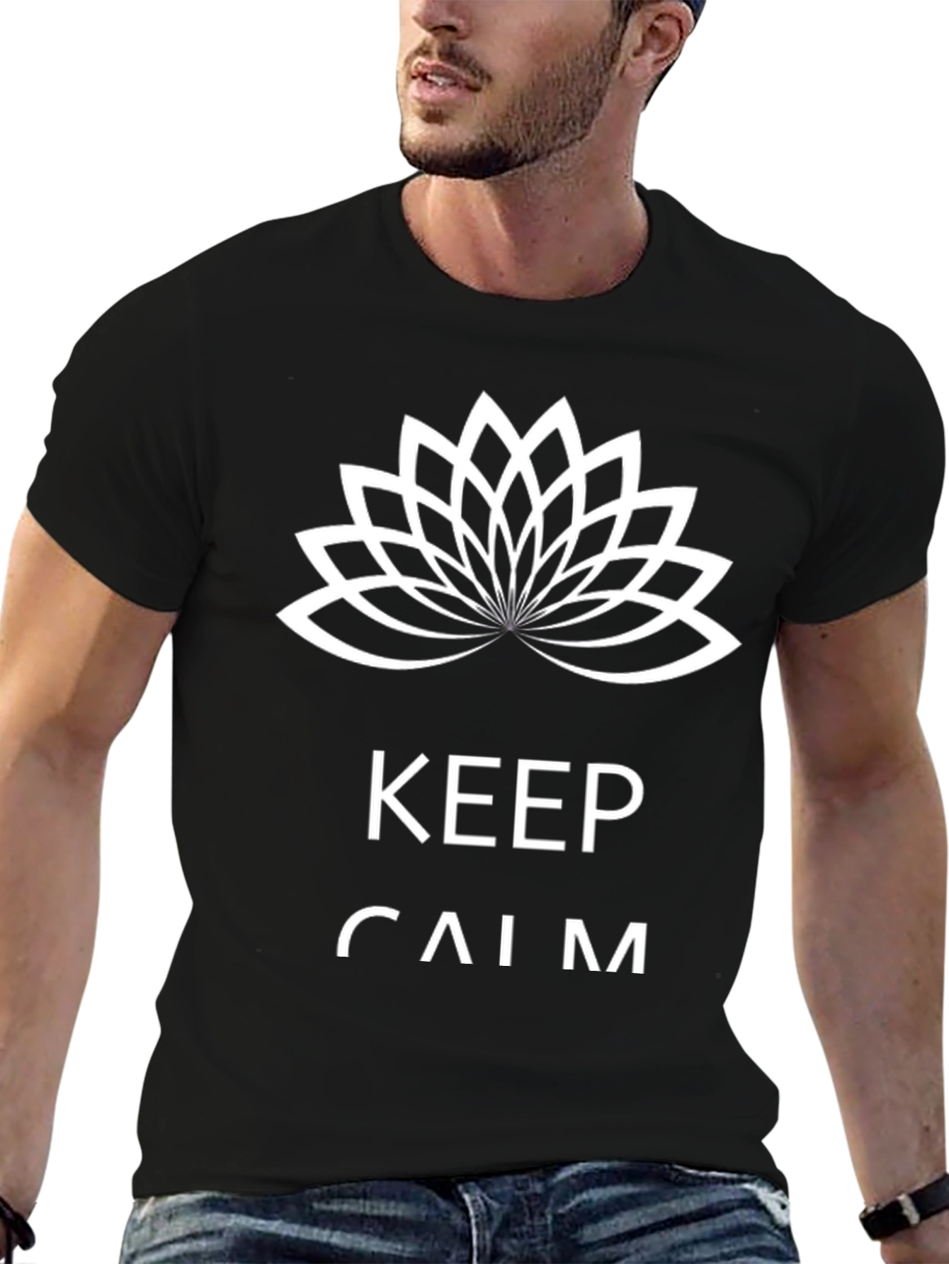 Keep Calm Black T-Shirt with Lotus Flower Design