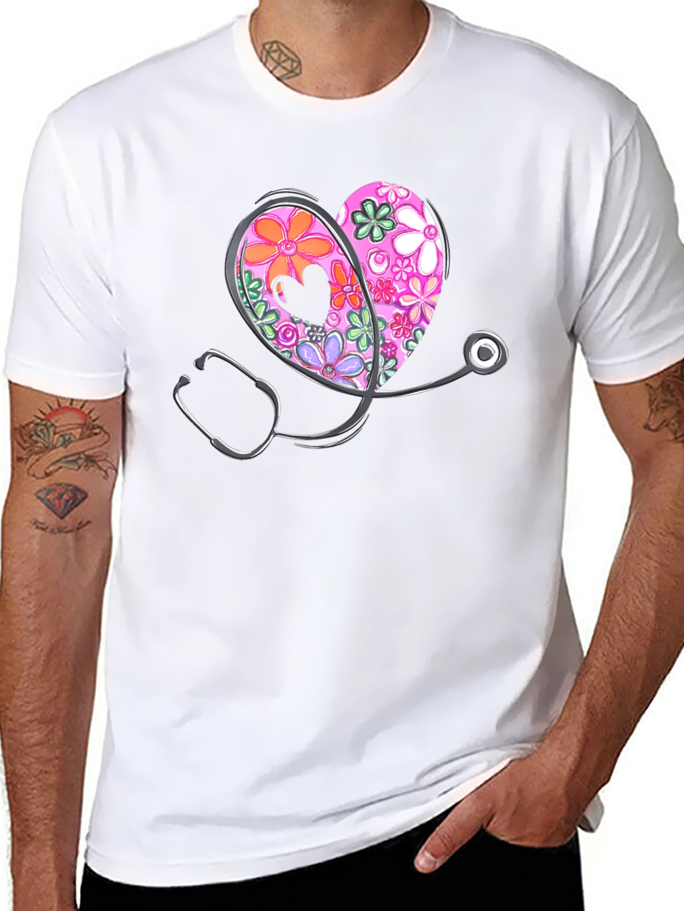Floral Heart Stethoscope Graphic T-Shirt