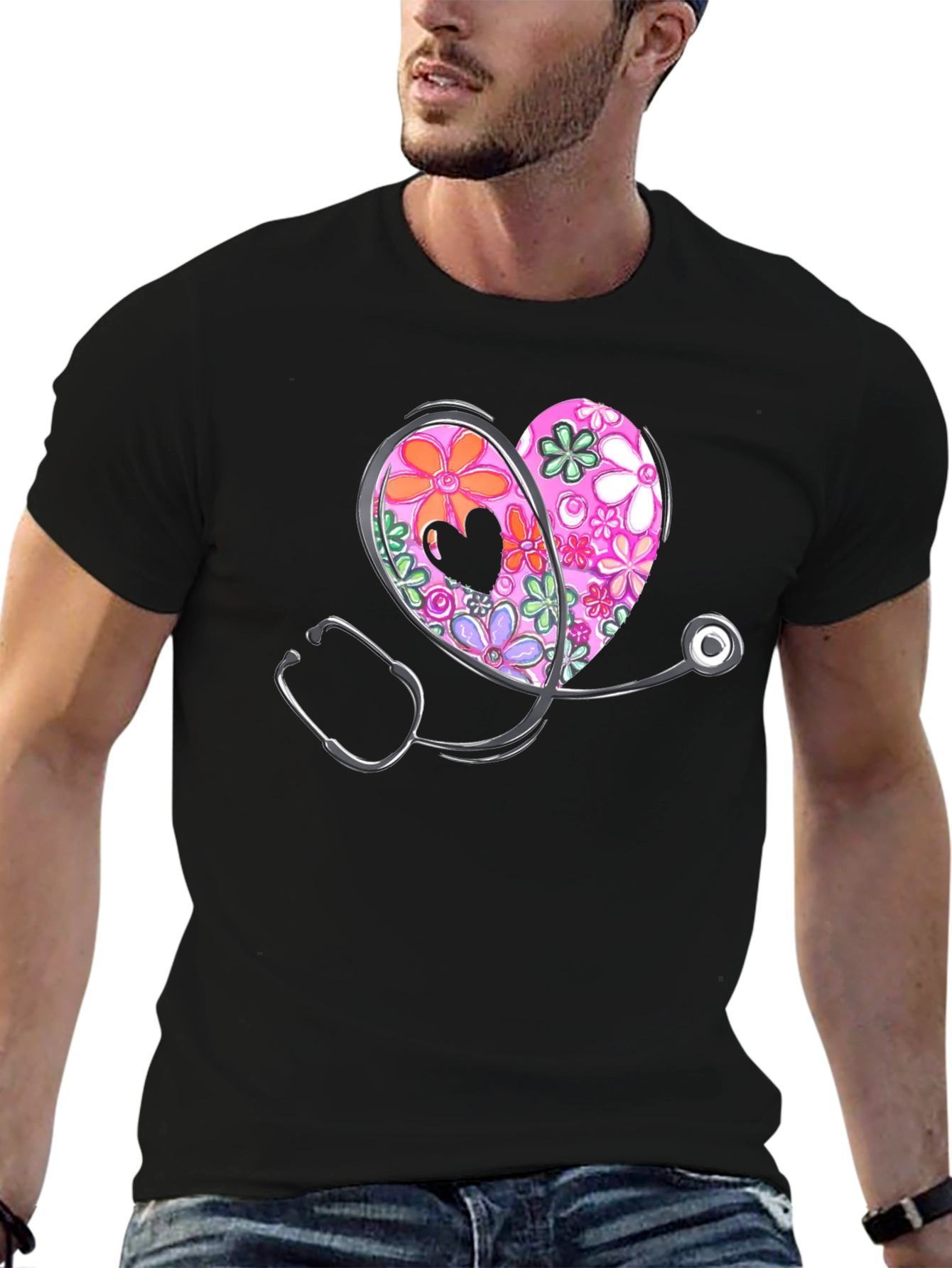 Floral Heart Stethoscope Graphic T-Shirt