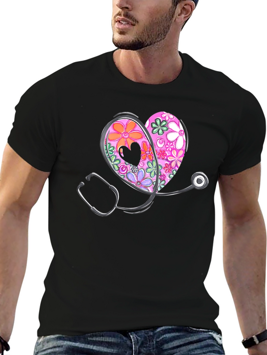 Floral Heart Stethoscope Graphic T-Shirt