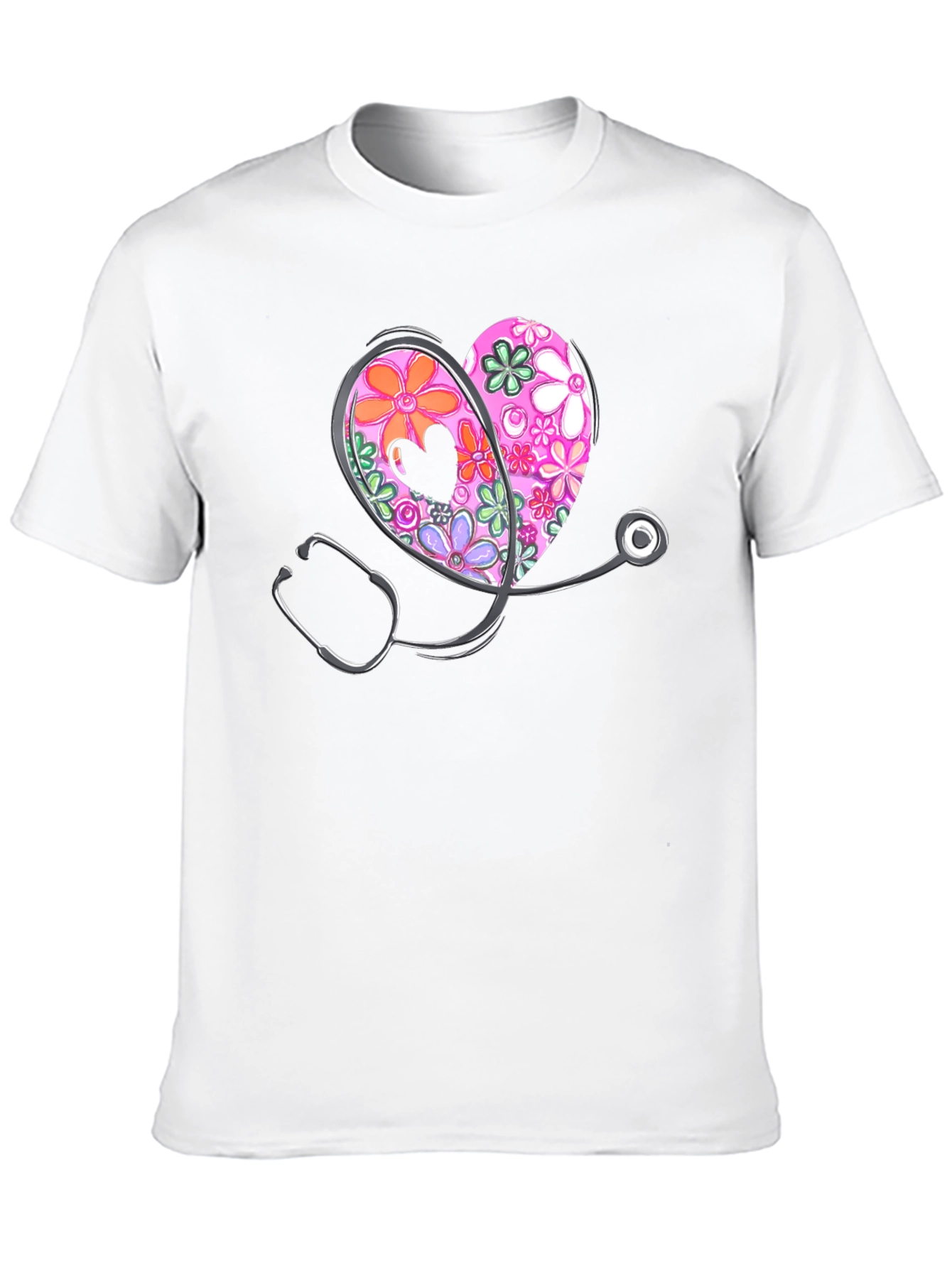 Floral Heart Stethoscope Graphic T-Shirt