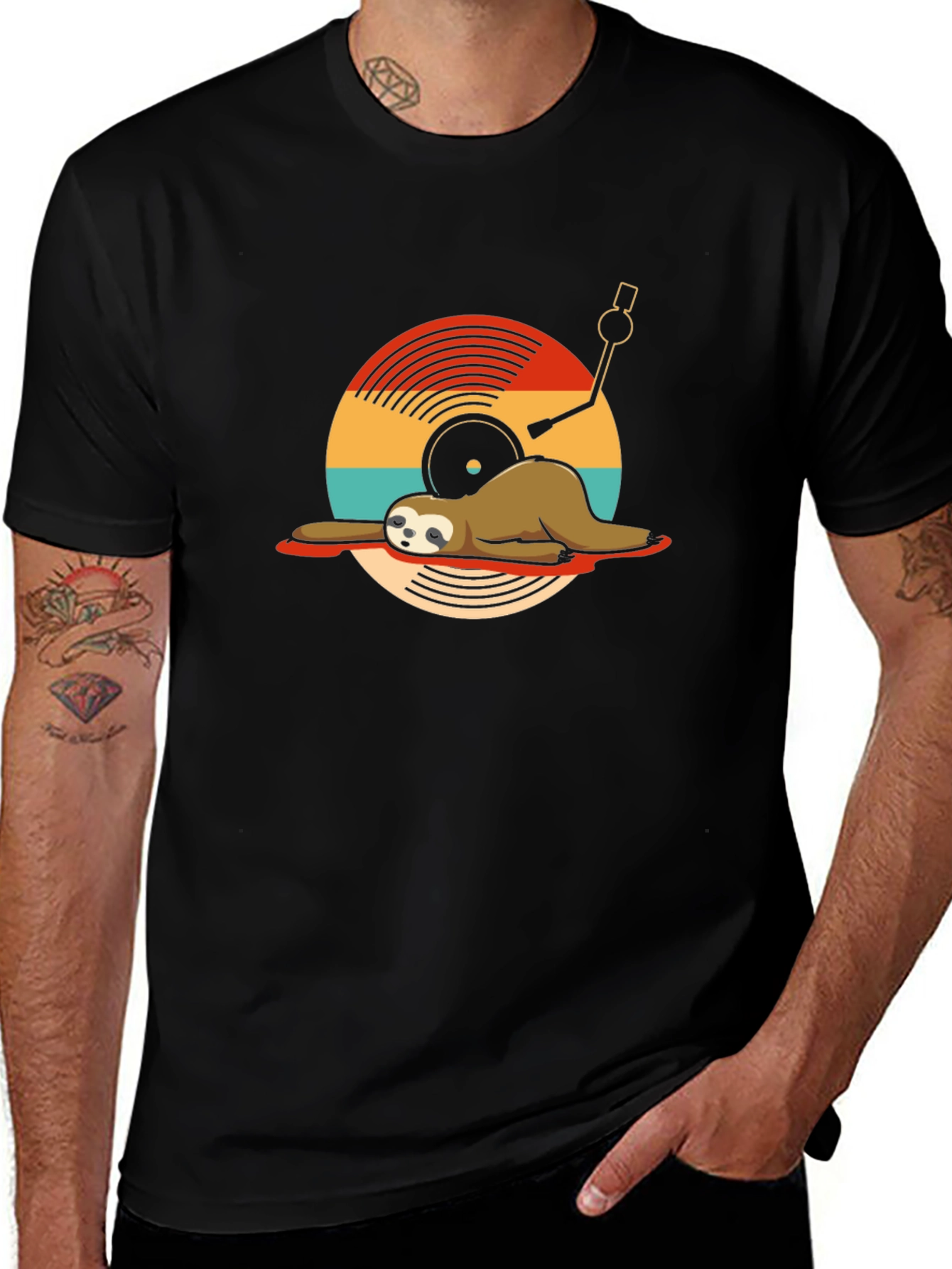 Sloth DJ Black T-Shirt - Relaxed Vinyl Vibes