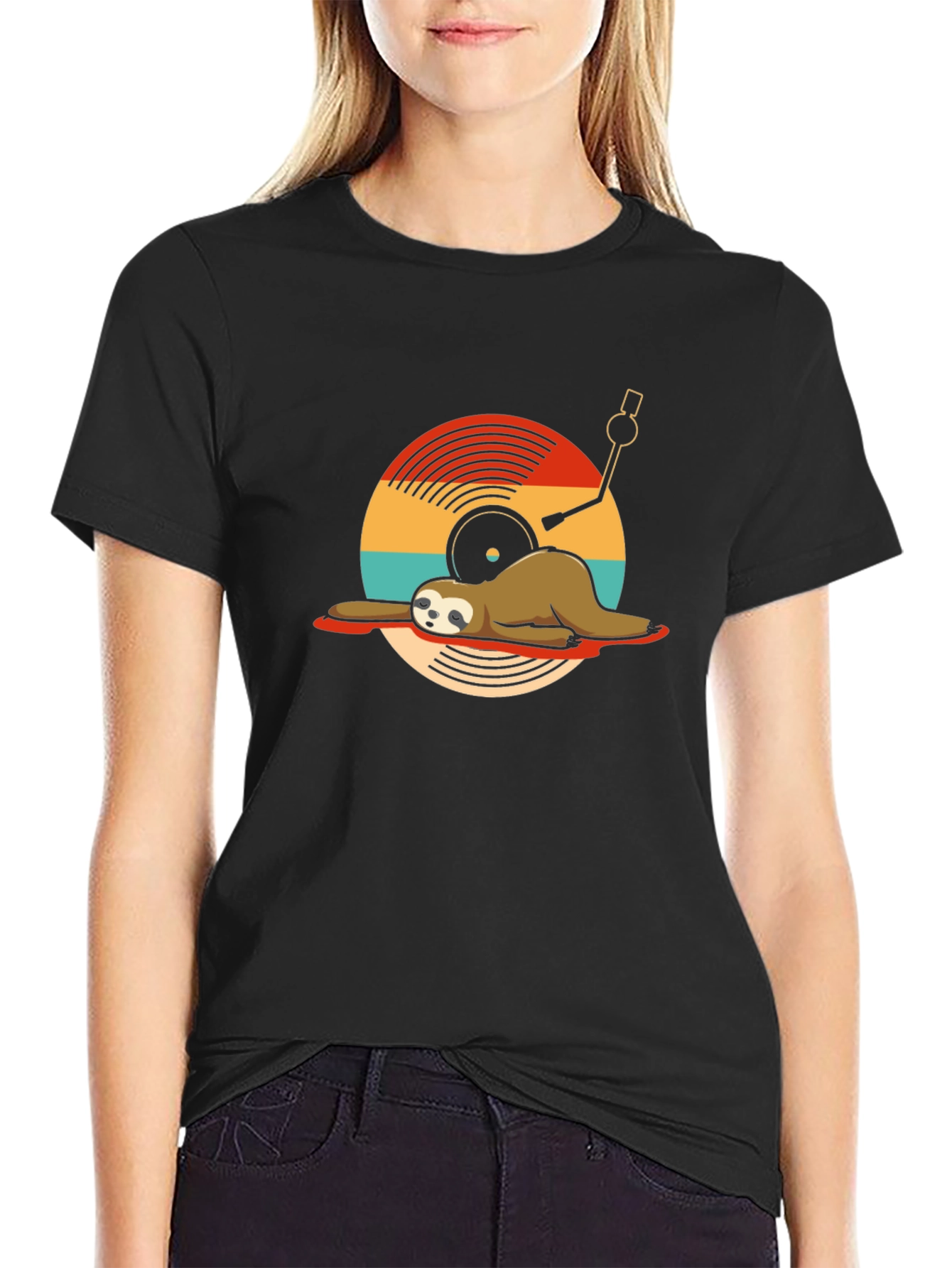 Sloth DJ Black T-Shirt - Relaxed Vinyl Vibes
