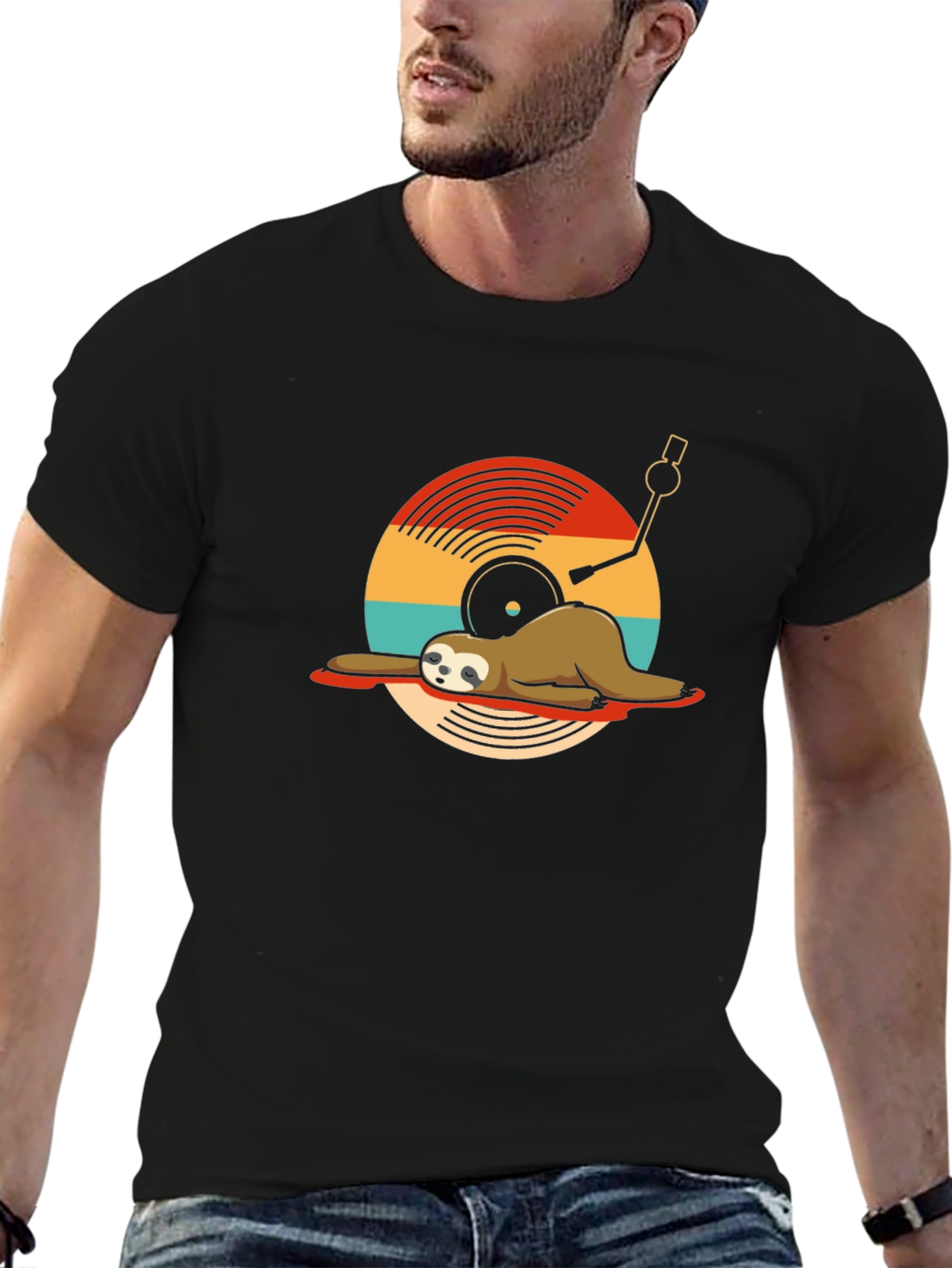 Sloth DJ Black T-Shirt - Relaxed Vinyl Vibes
