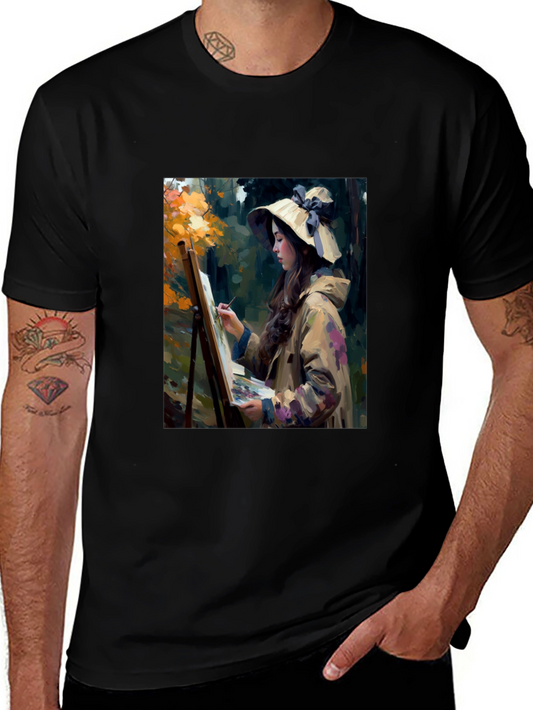 Artistic Woman Painting Scene Graphic T-Shirt