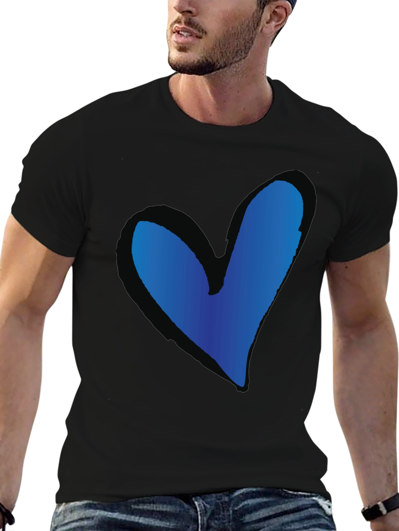 Blue Heart Graphic Black T-Shirt