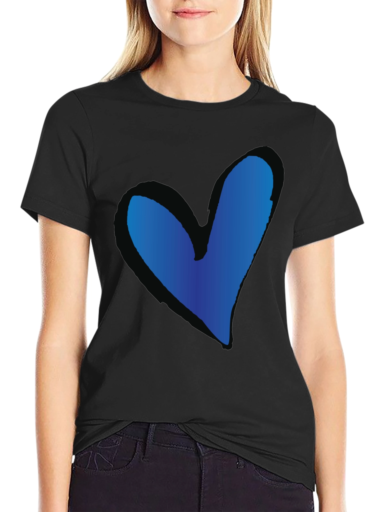 Blue Heart Graphic Black T-Shirt