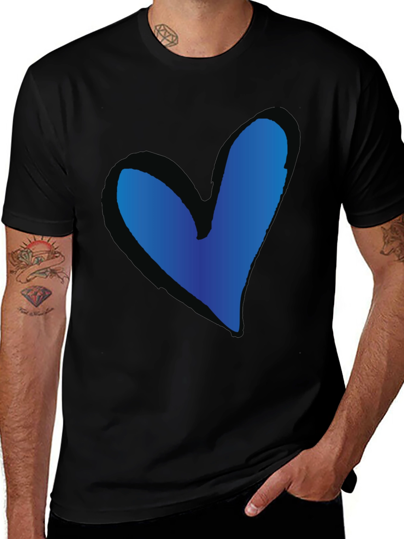 Blue Heart Graphic Black T-Shirt