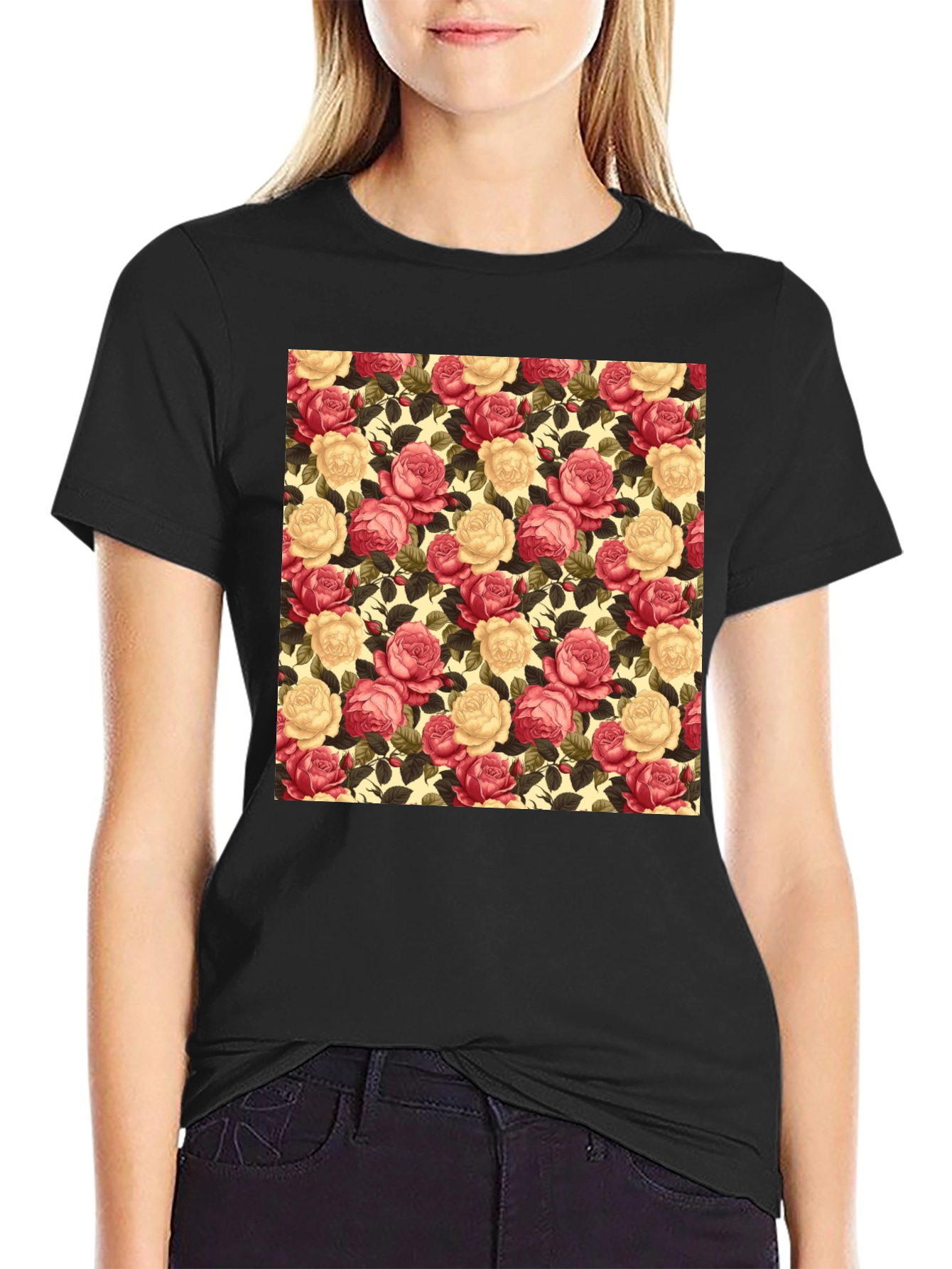 Floral Rose Print Black T-Shirt