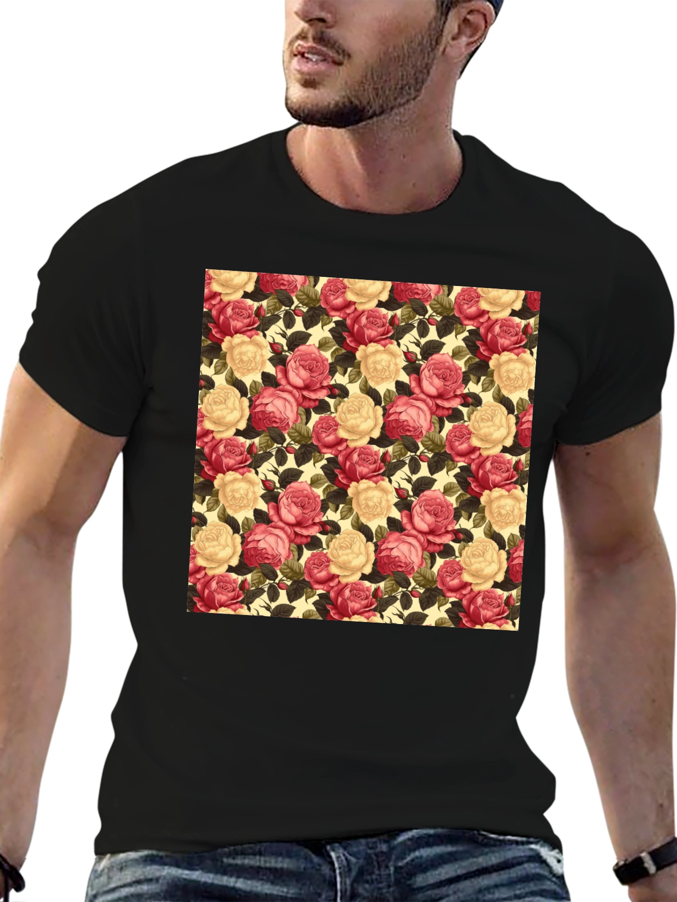 Floral Rose Print Black T-Shirt
