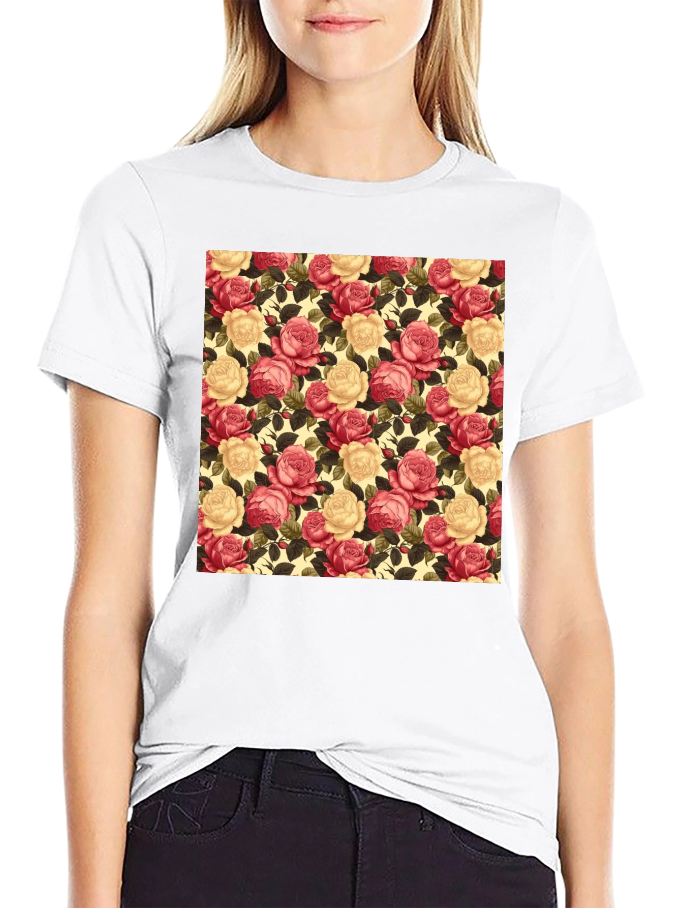 Floral Rose Print Black T-Shirt