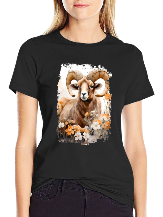 Ram Animal Floral Graphic Print Black Tee