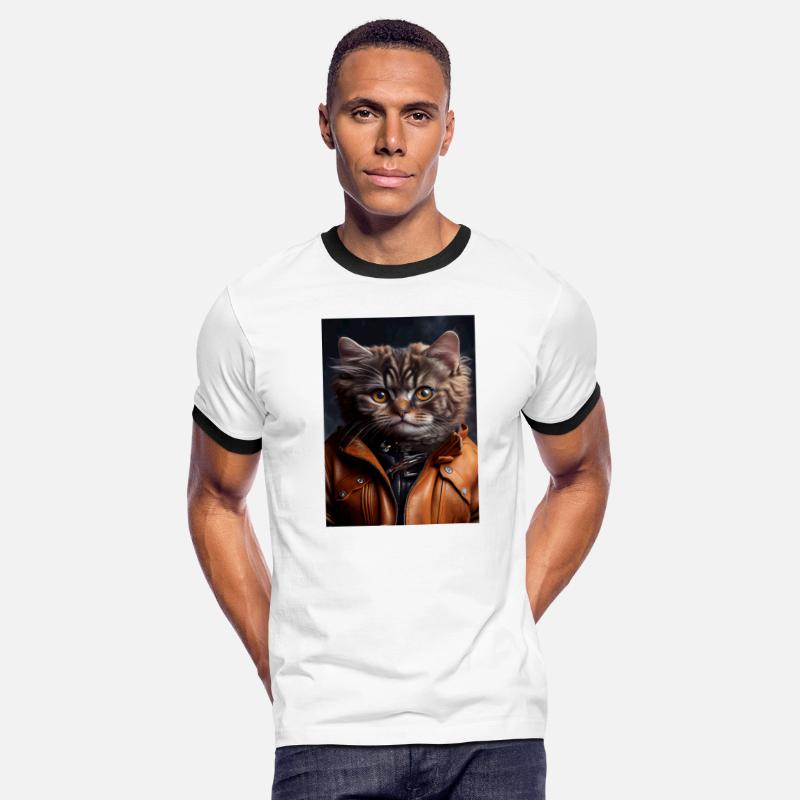 Munchkin Cat Breed Portrait wears a leather jacket