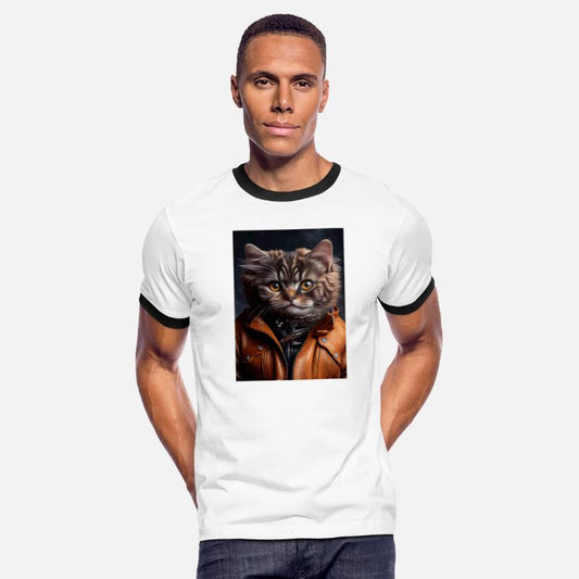 Munchkin Cat Breed Portrait wears a leather jacket