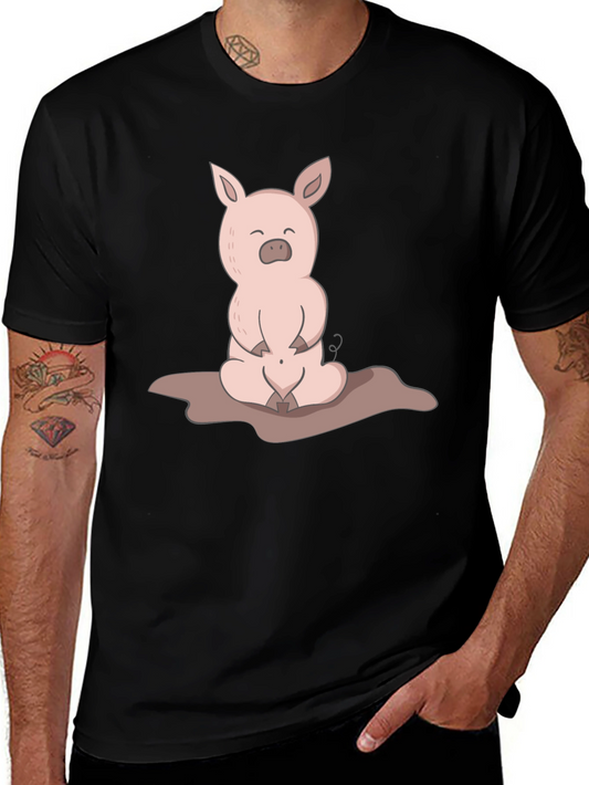 Cute Pig Cartoon Black T-Shirt
