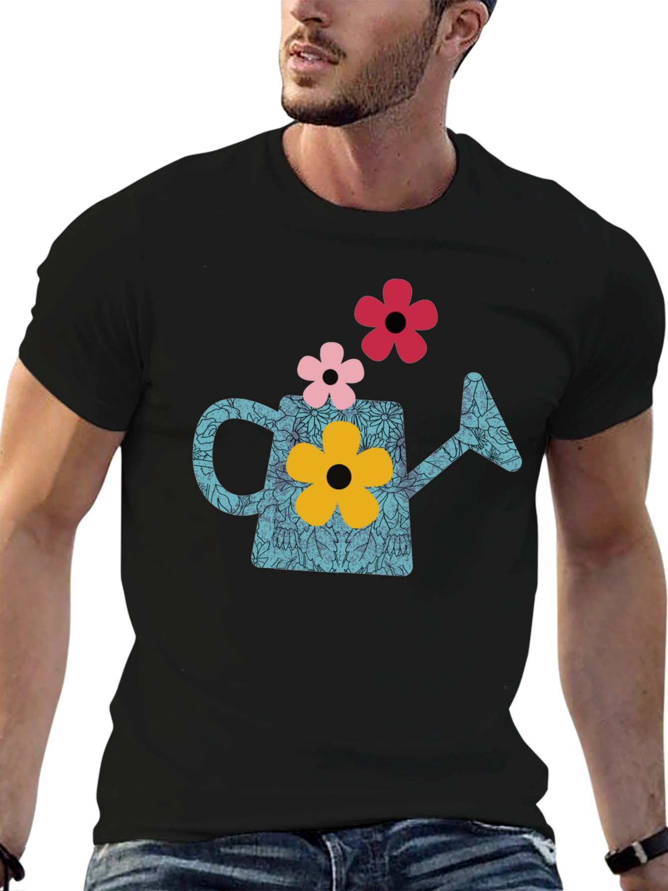 Watering Can Flower Graphic T-Shirt - Black