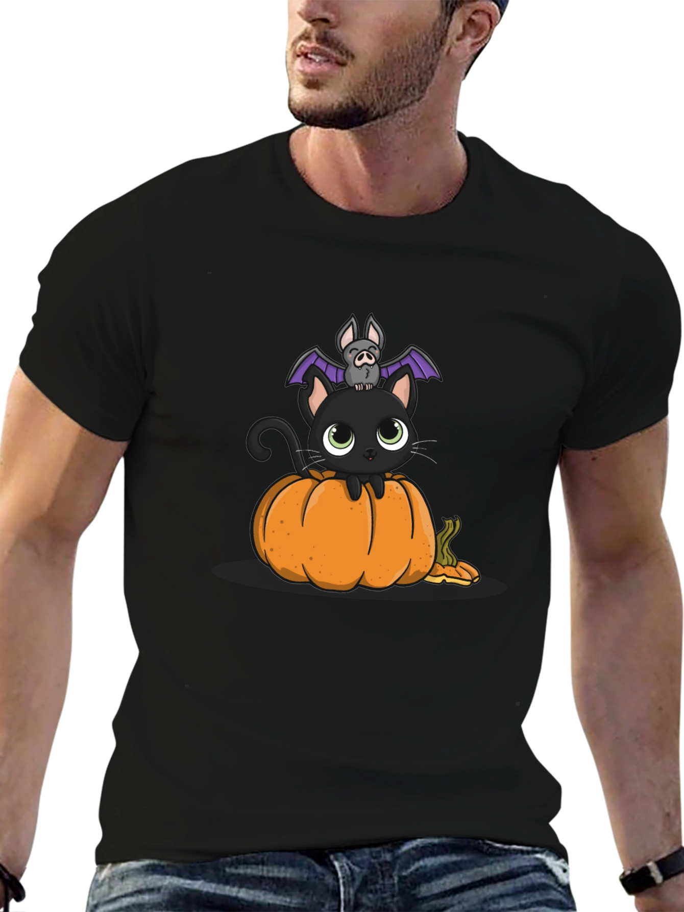 Halloween Cat & Bat on Pumpkin T-Shirt