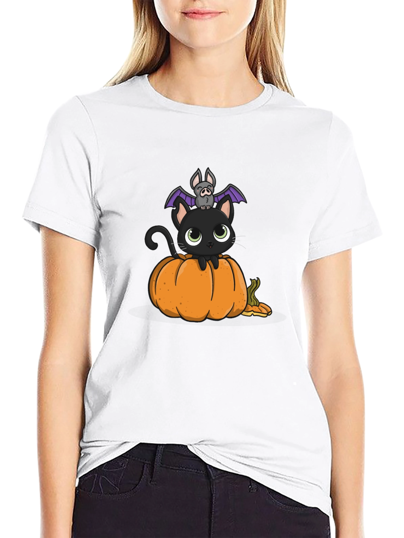Halloween Cat & Bat on Pumpkin T-Shirt