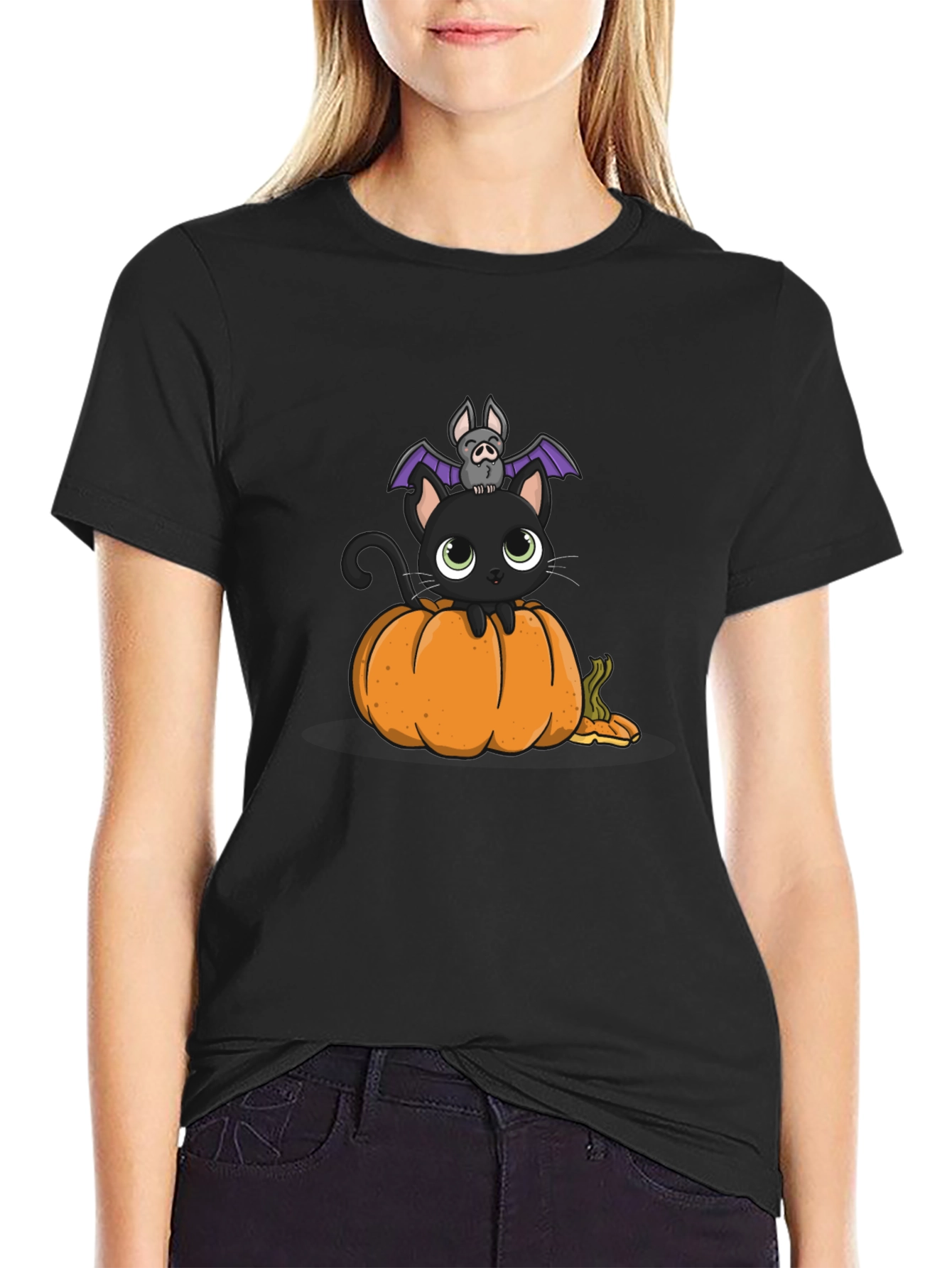 Halloween Cat & Bat on Pumpkin T-Shirt