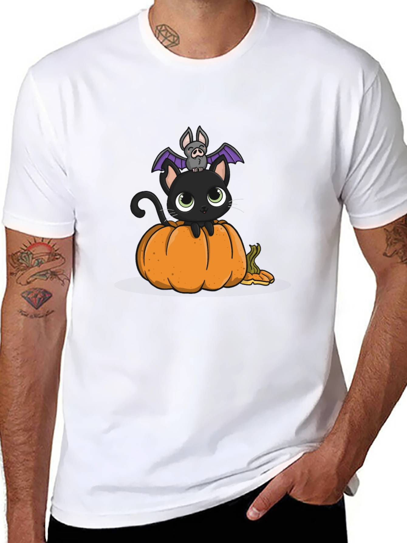 Halloween Cat & Bat on Pumpkin T-Shirt