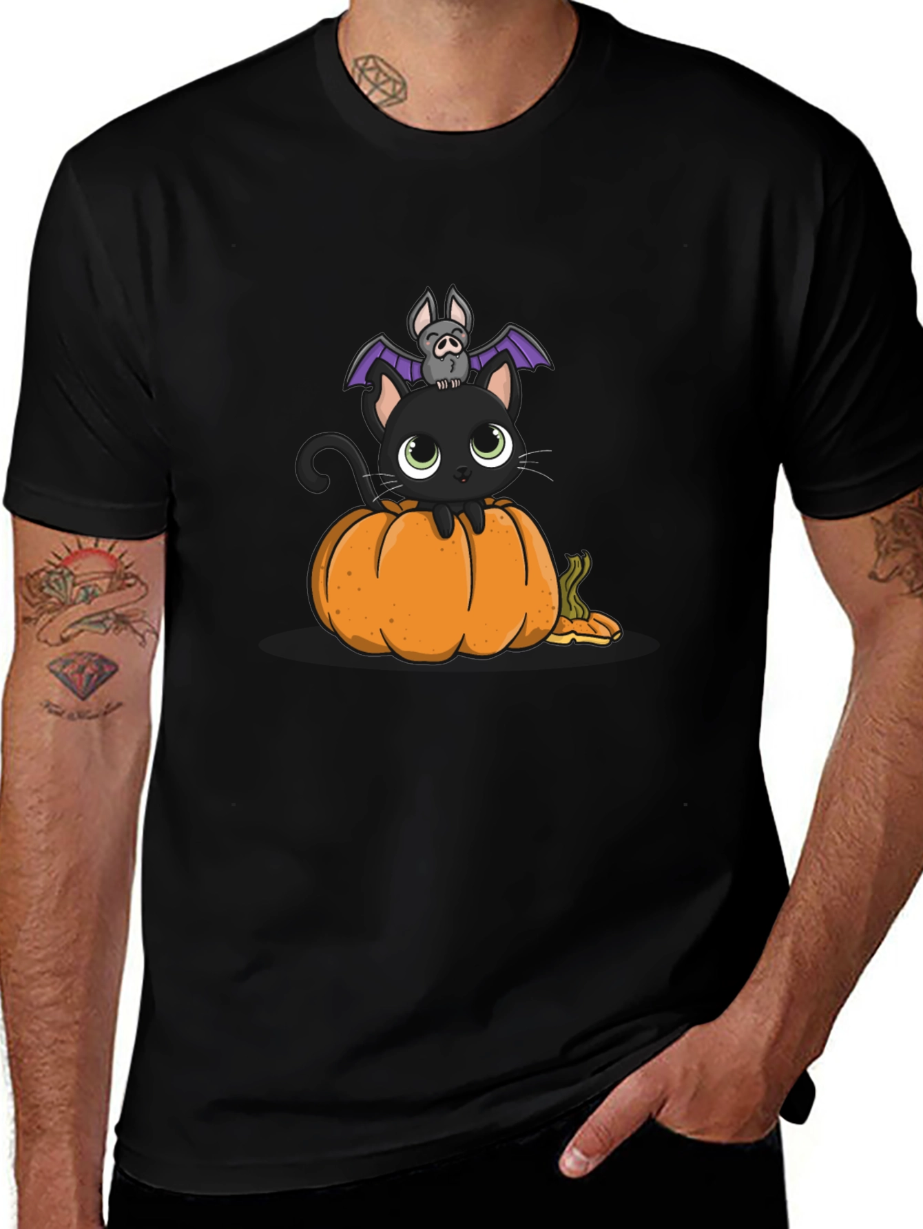 Halloween Cat & Bat on Pumpkin T-Shirt