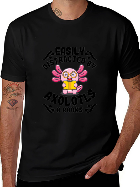 Easily Distracted by Axolotls & Books Black T-Shirt