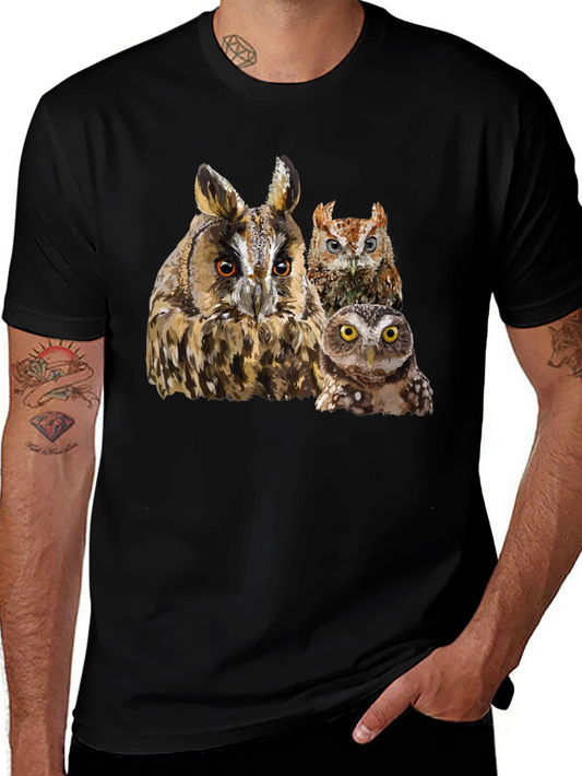 Owl Trio Graphic Tee - Black Cotton T-Shirt