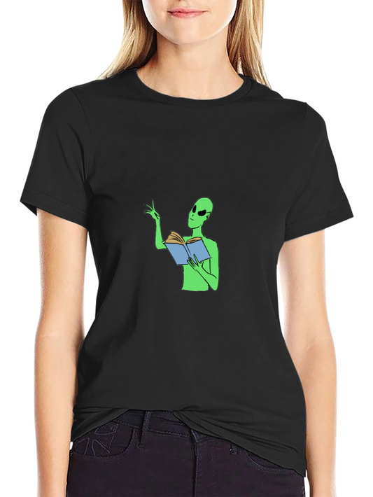 Alien Reading Book Graphic Tee - Black Cotton Casual Shirt