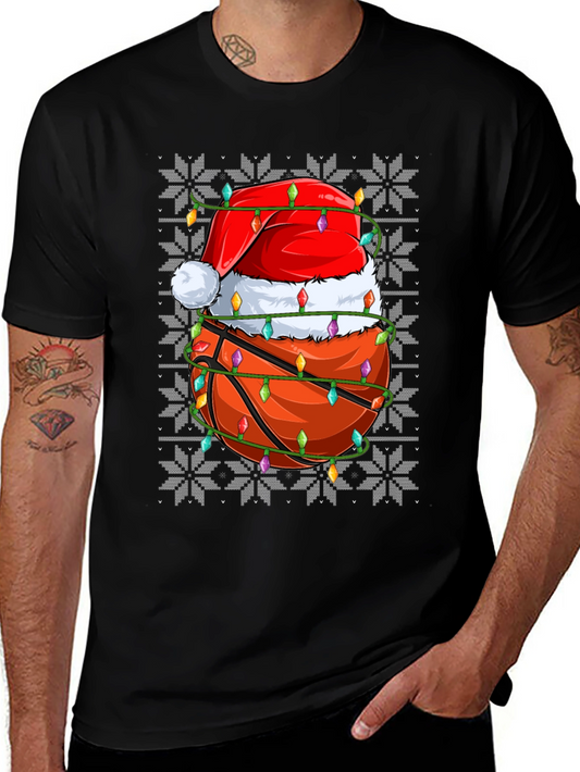 Christmas Basketball Santa Hat Lights Holiday T-Shirt