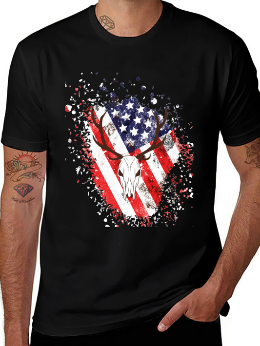 American Flag Deer Skull Graphic Tee - Black