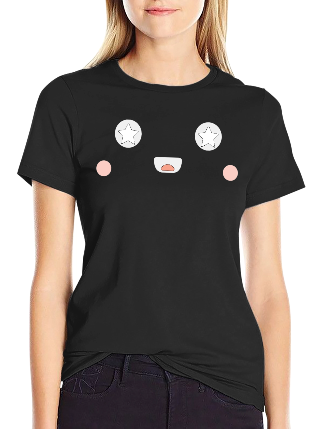 Fun Face Black T-Shirt - Star Eyes Cute Smile