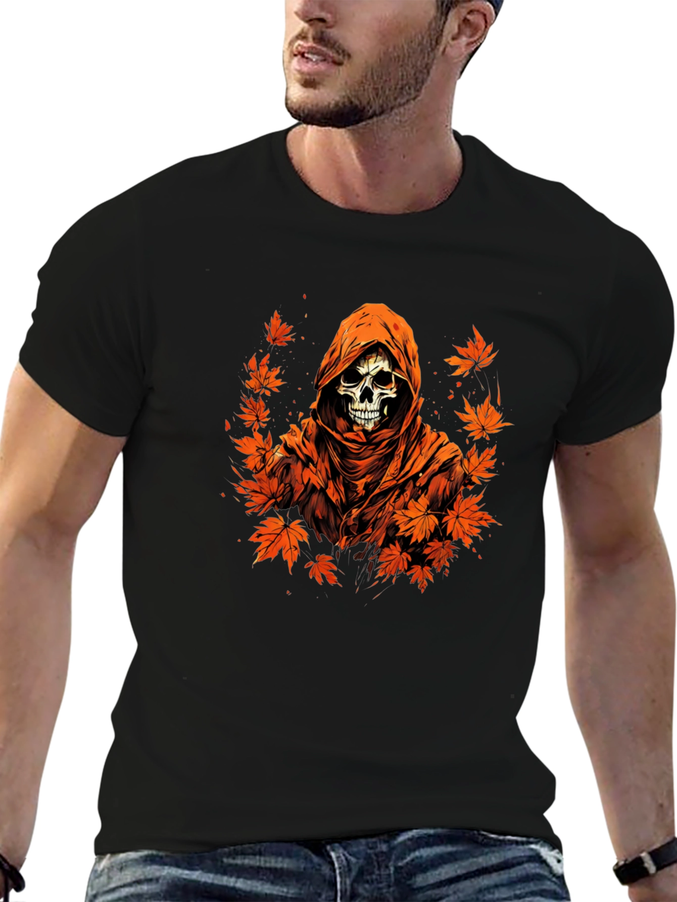 Autumn Reaper Graphic Tee - Skull and Maple Leaves