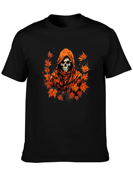 Autumn Reaper Graphic Tee - Skull and Maple Leaves