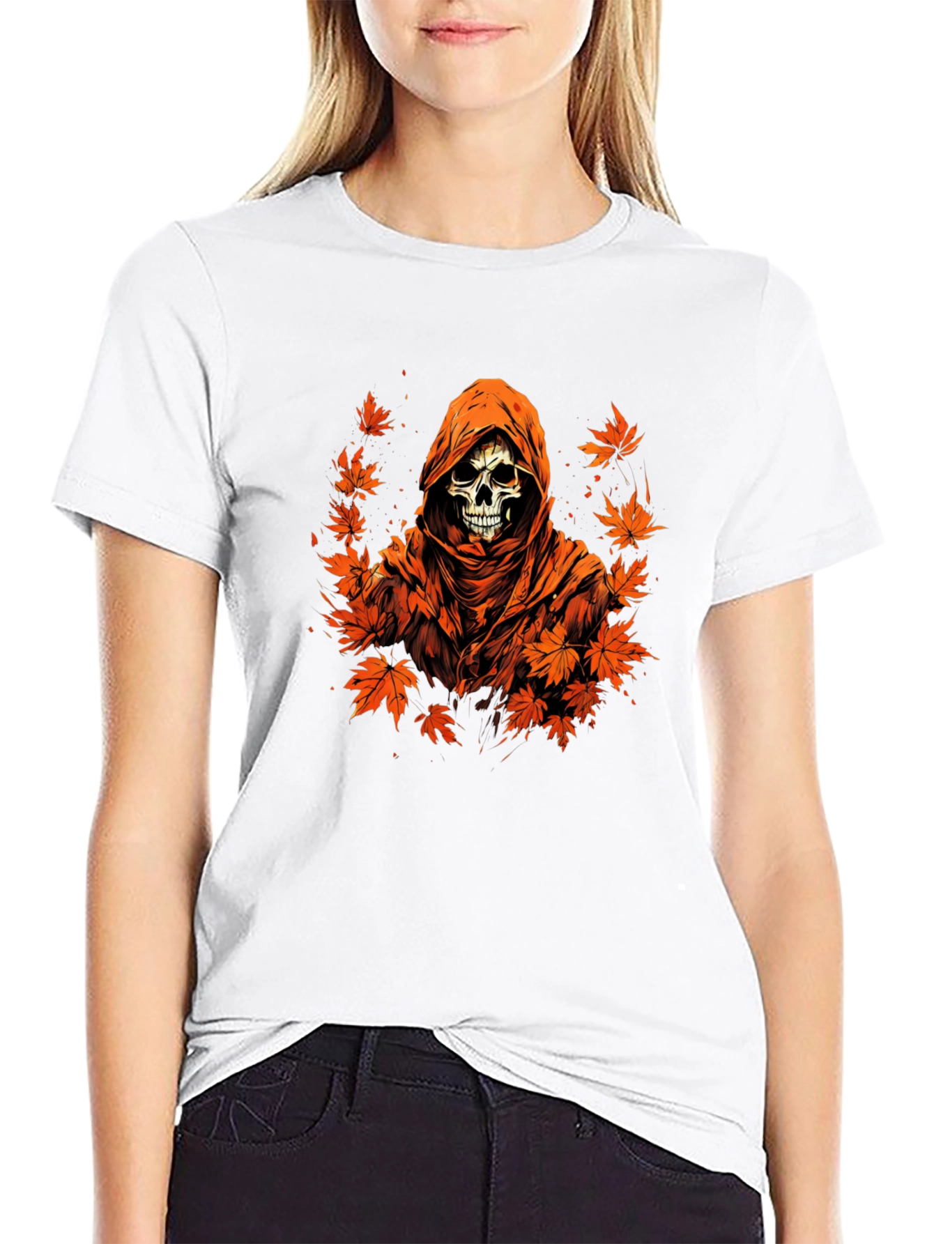 Autumn Reaper Graphic Tee - Skull and Maple Leaves