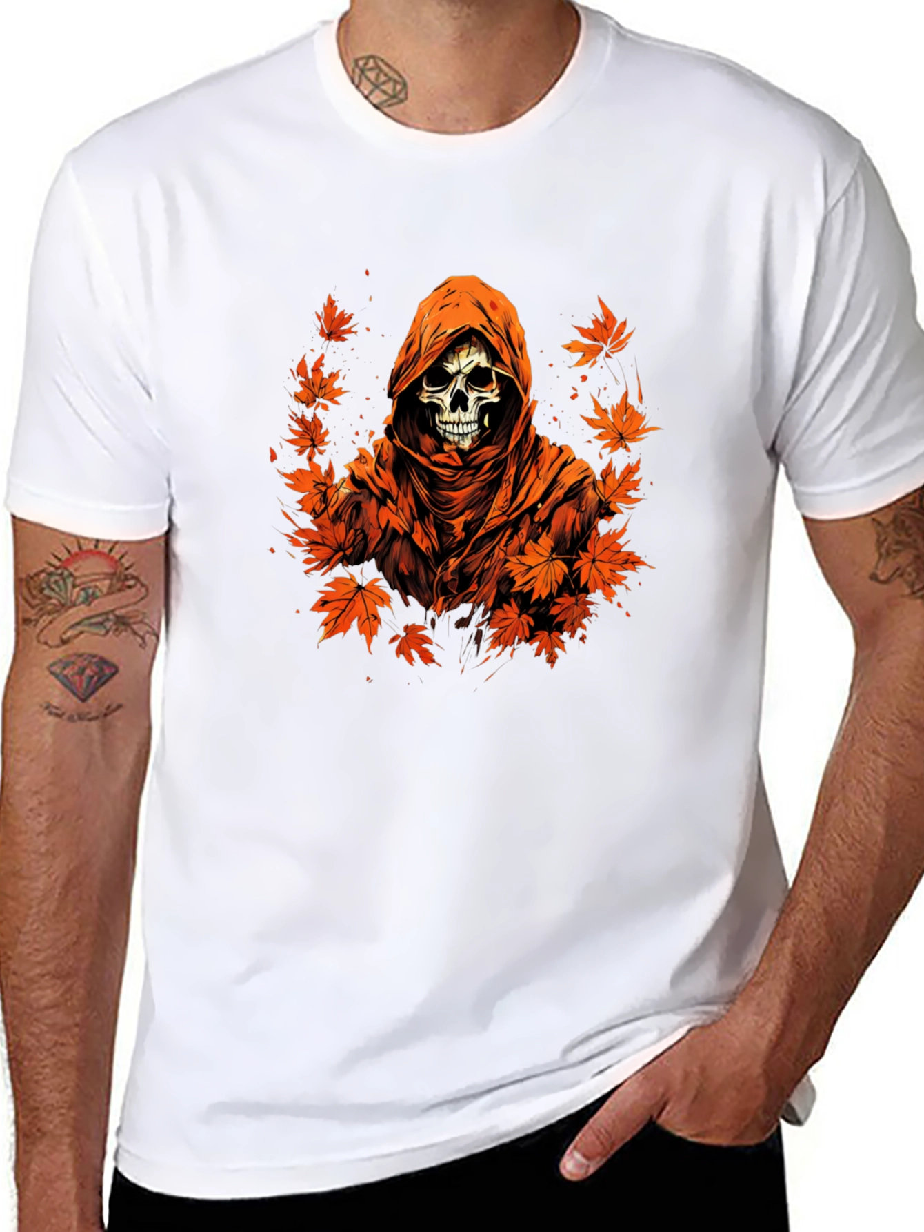 Autumn Reaper Graphic Tee - Skull and Maple Leaves