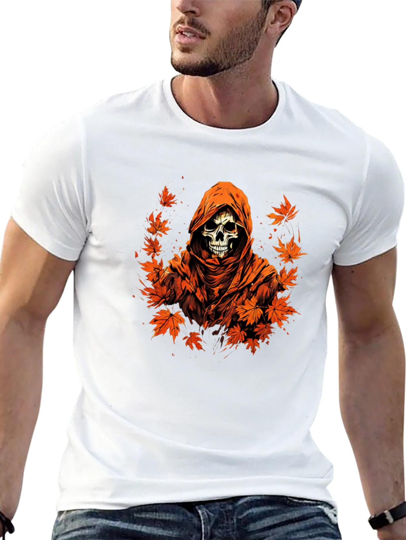 Autumn Reaper Graphic Tee - Skull and Maple Leaves
