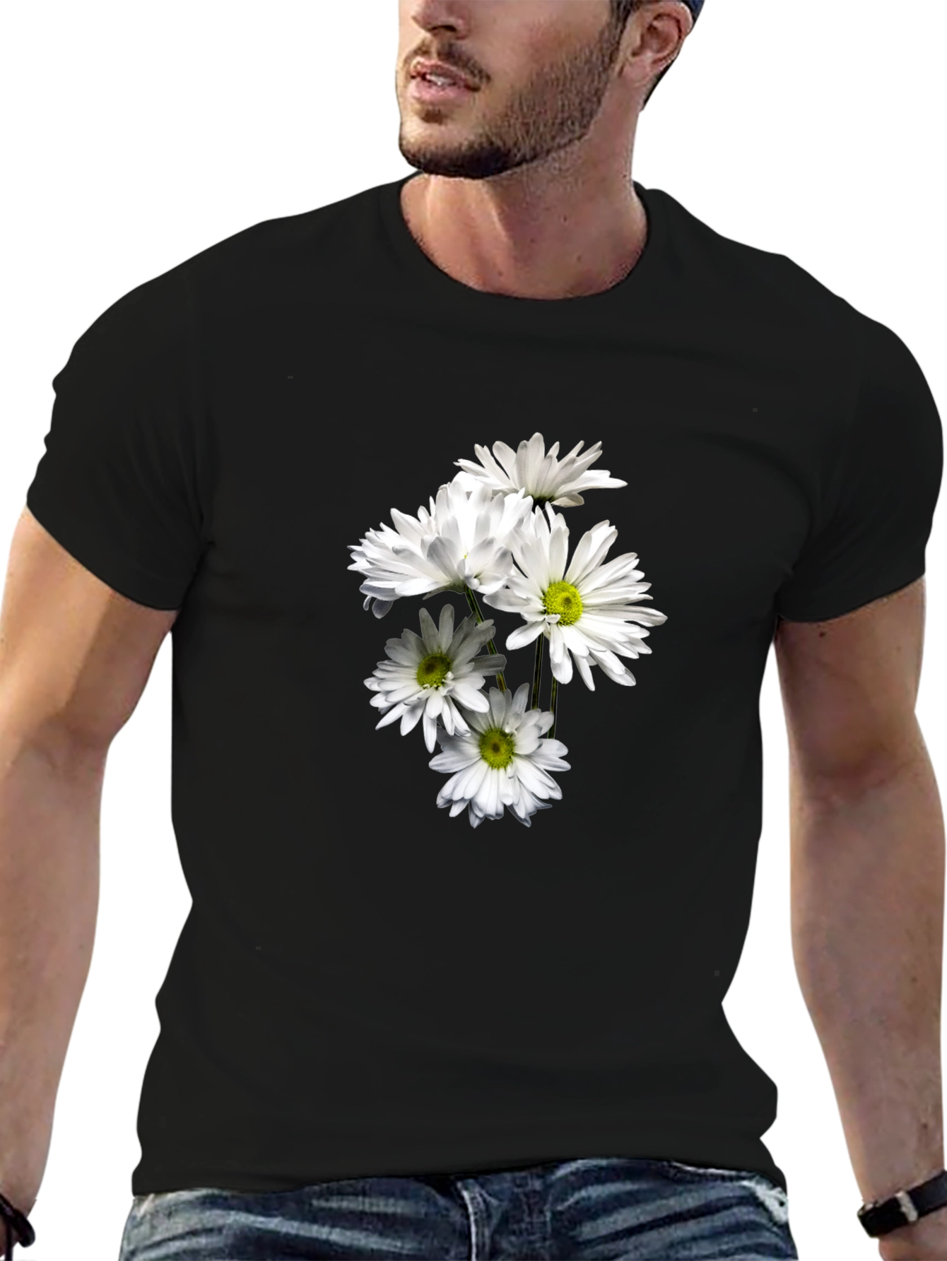 Black T-Shirt with Floral Daisy Design