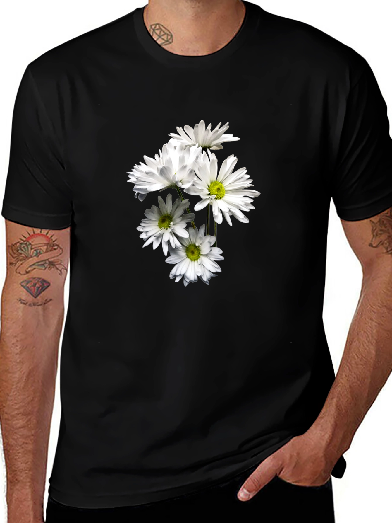Black T-Shirt with Floral Daisy Design
