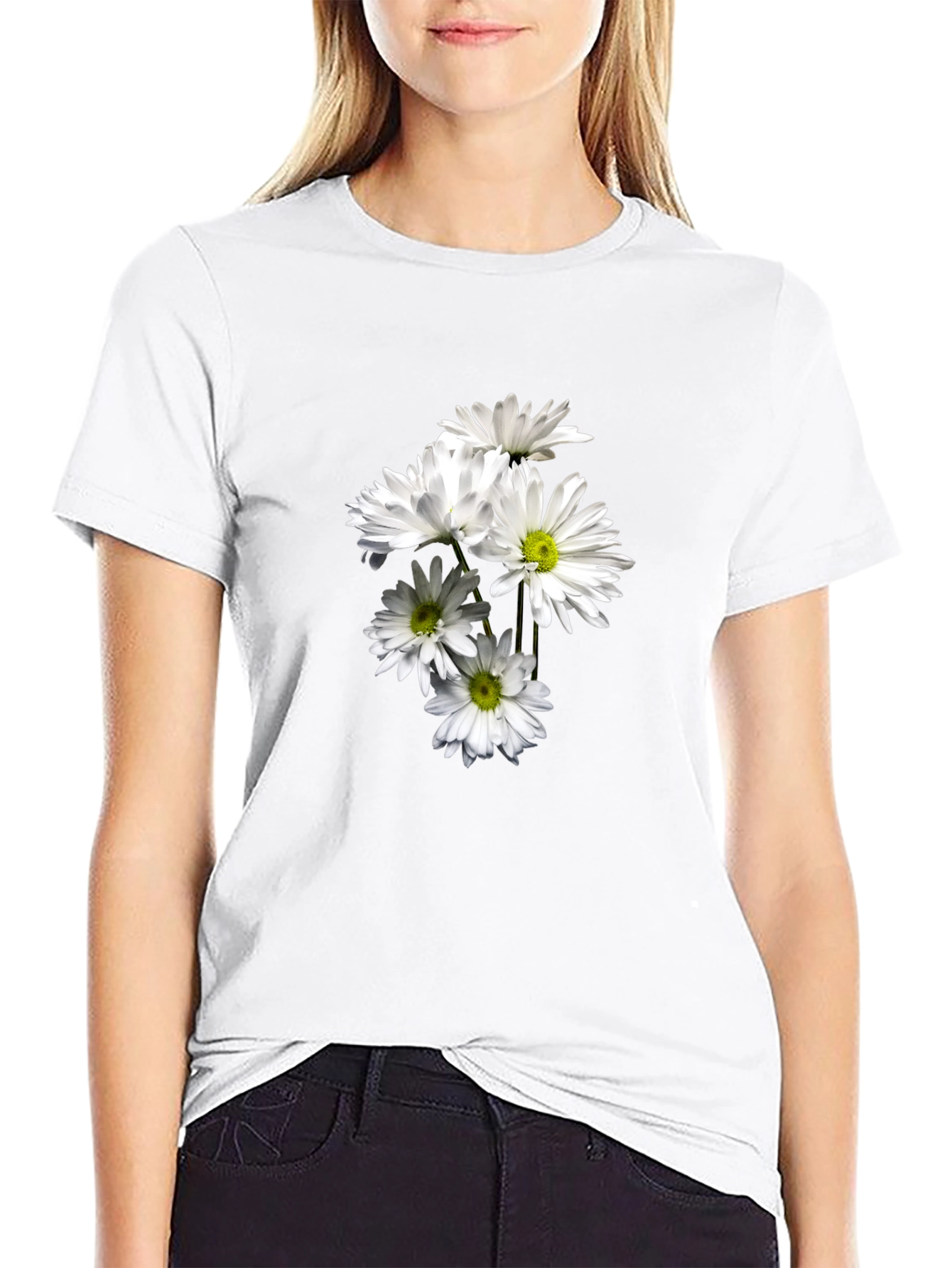 Black T-Shirt with Floral Daisy Design