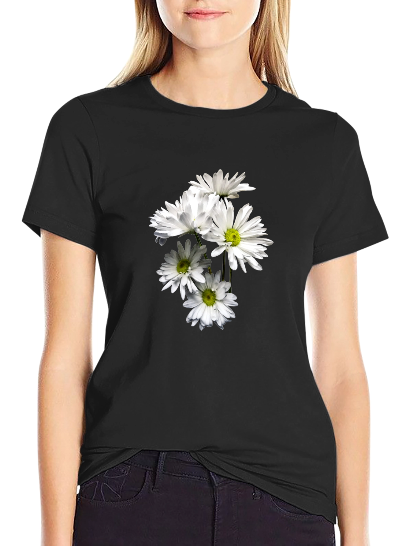 Black T-Shirt with Floral Daisy Design